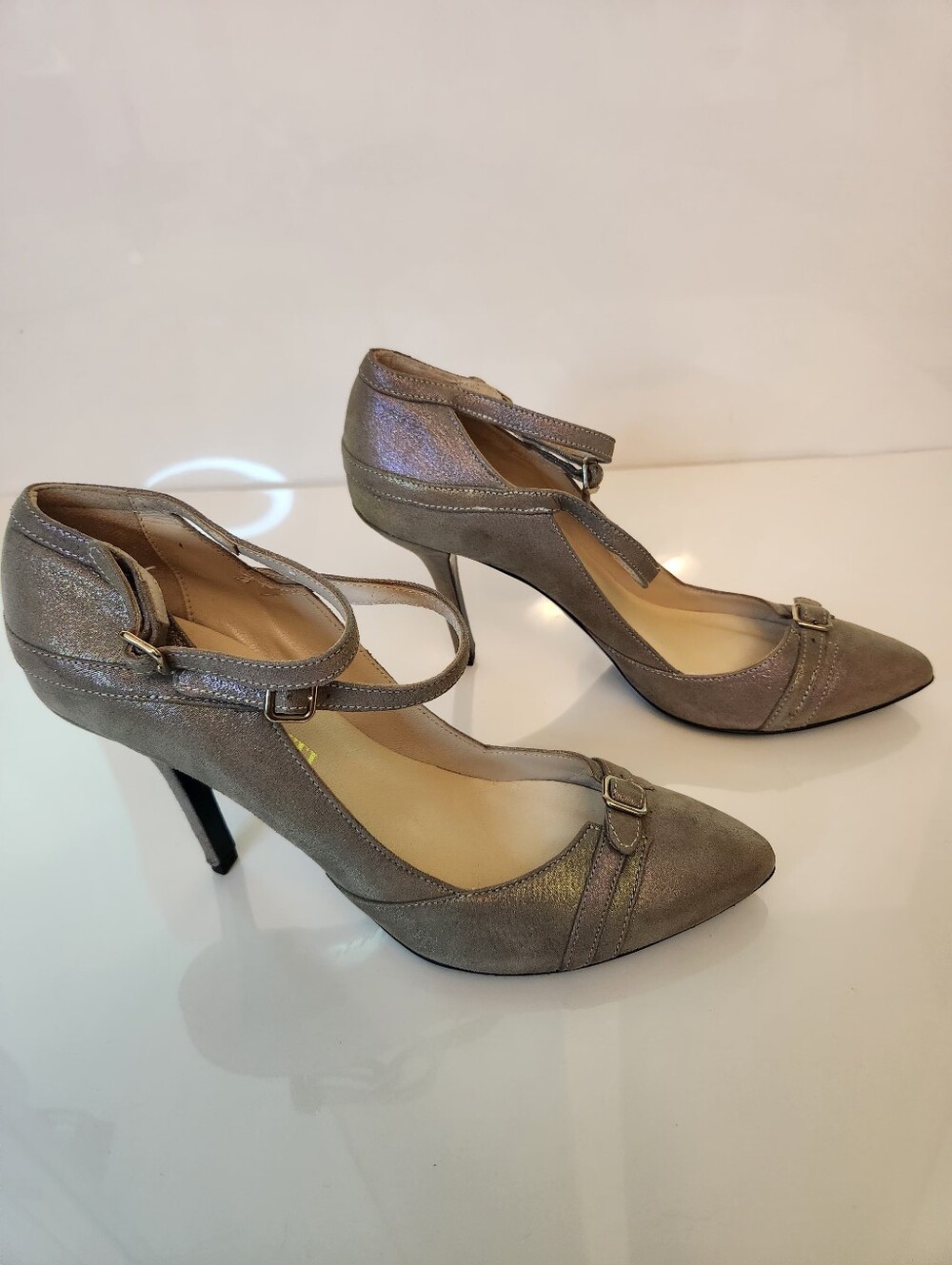 Claudia Ciuti Italian Taupe Metallic Shimmer Ankle Strap Pumps Size 9.5M